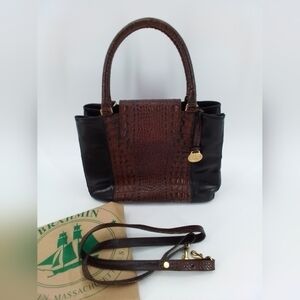 BRAHMIN Black Leather TOP Handle SATCHEL Shoulder Bag Brown CROCO Embossed Purse